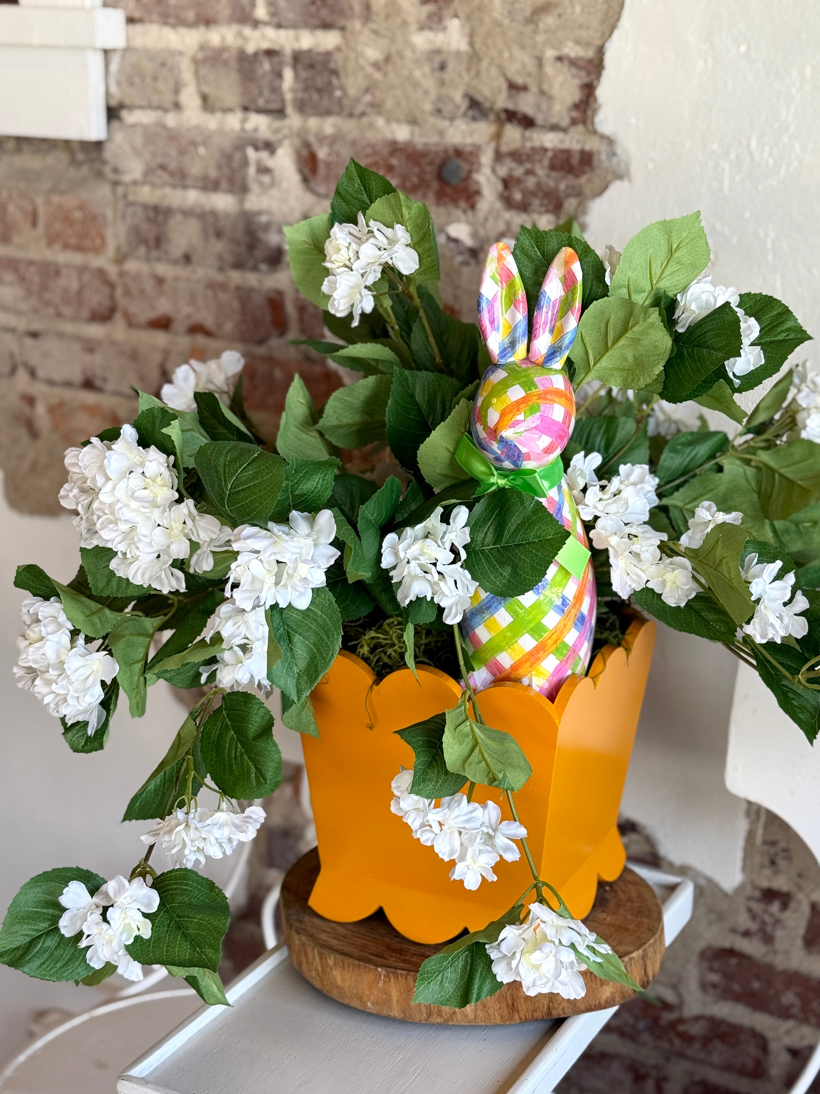 Spring Bunny & White Hydrangea Arrangement in Orange Scalloped Pot