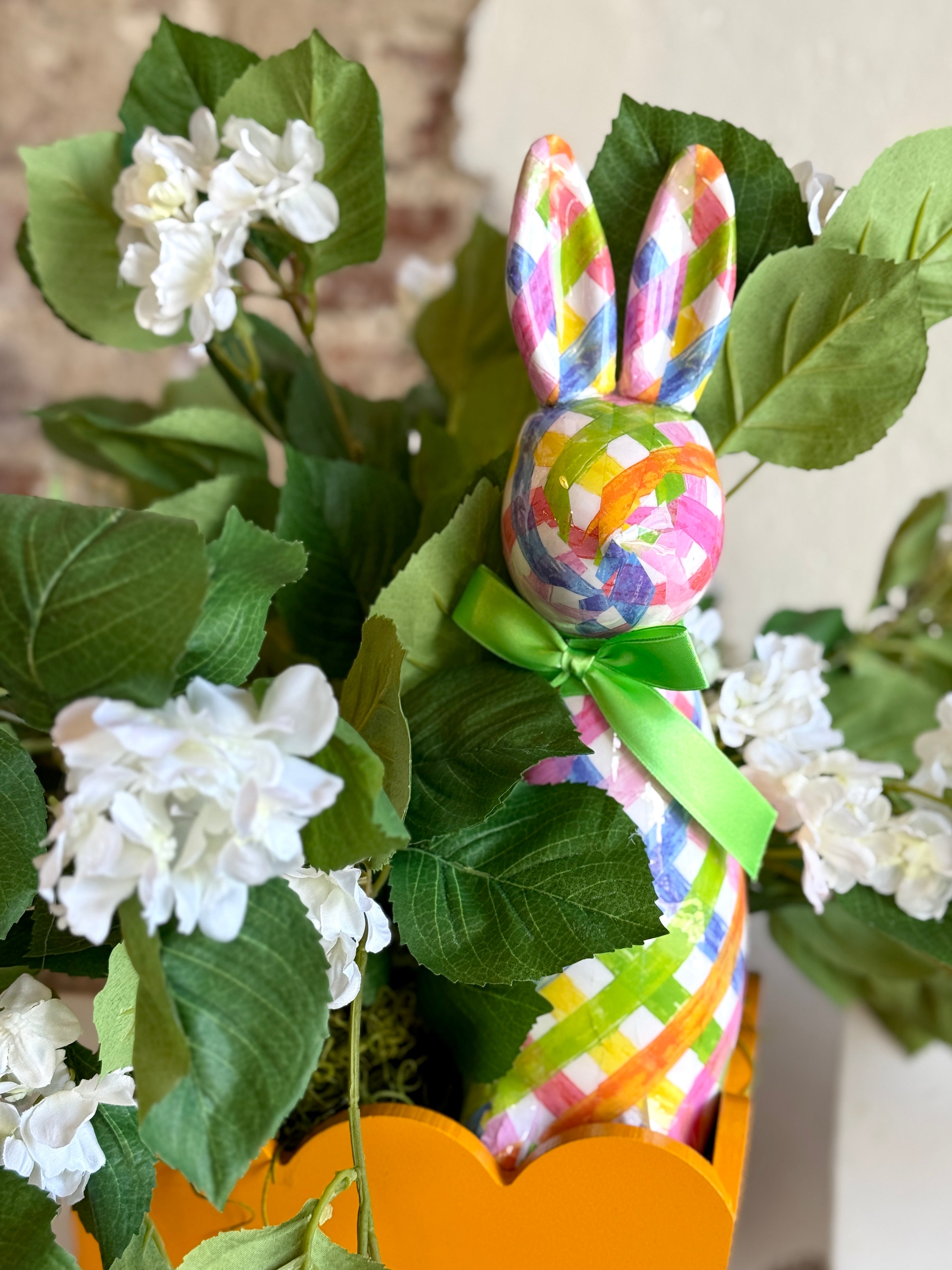 Spring Bunny & White Hydrangea Arrangement in Orange Scalloped Pot