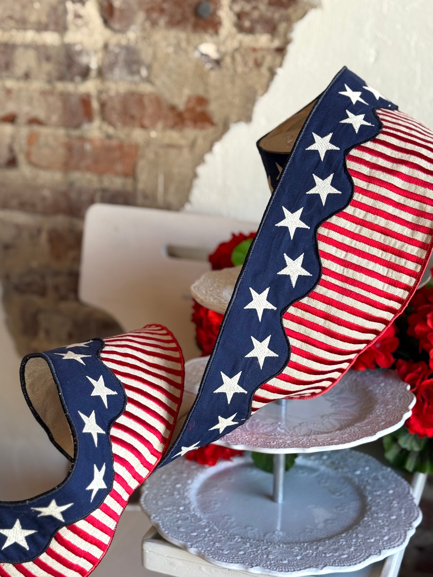 6" Wide linen Americana flag ribbon, patriotic