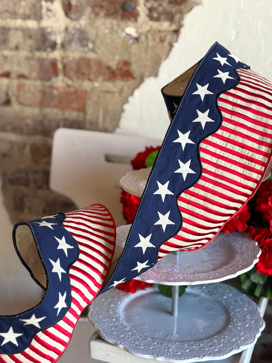 6" Wide linen Americana flag ribbon, patriotic