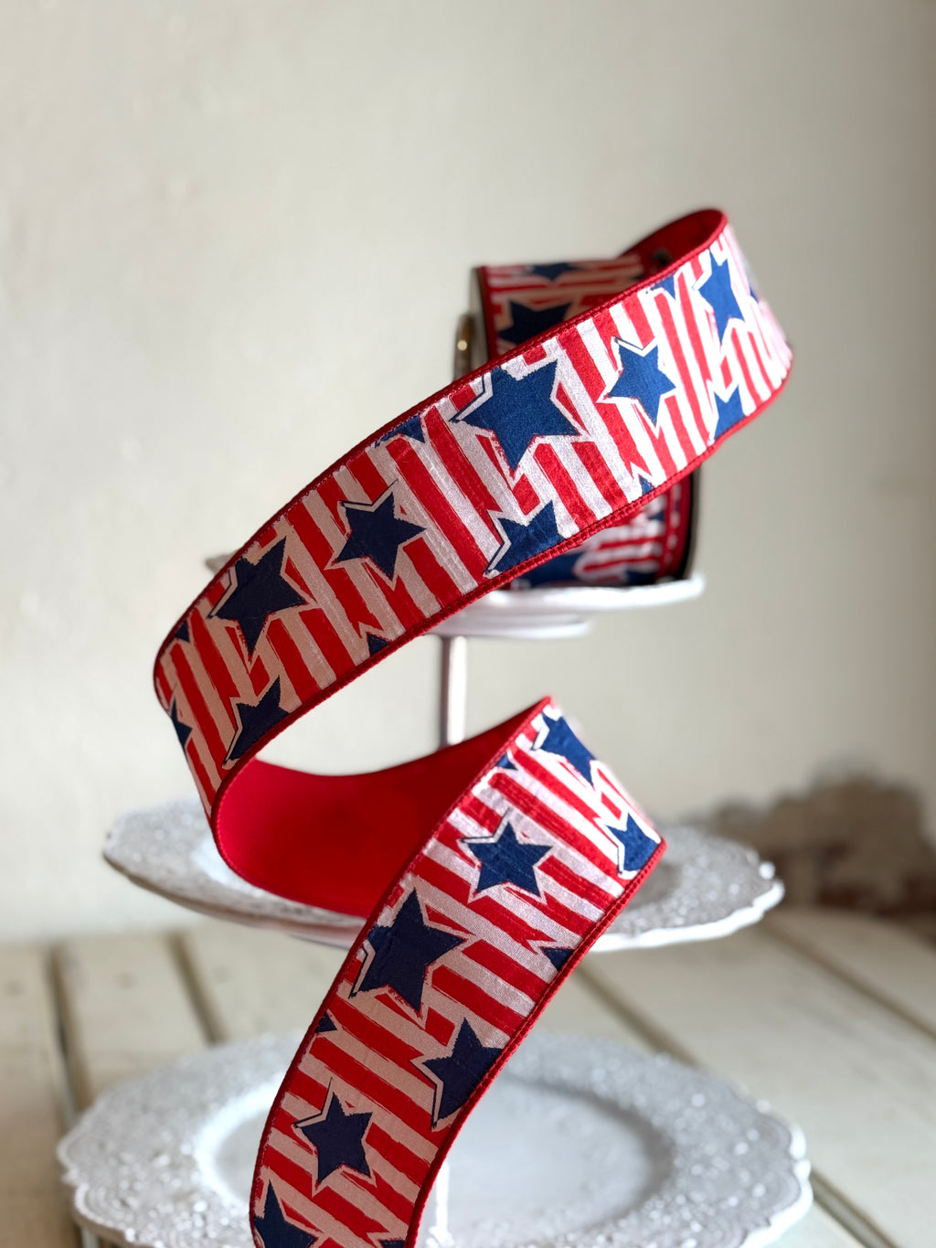 2.5" wide, dupion independence day stars and stripes, red white