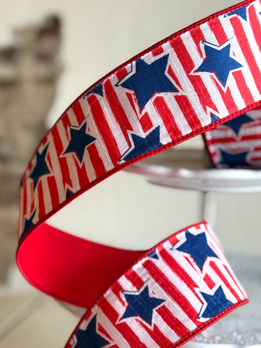2.5" wide, dupion independence day stars and stripes, red white