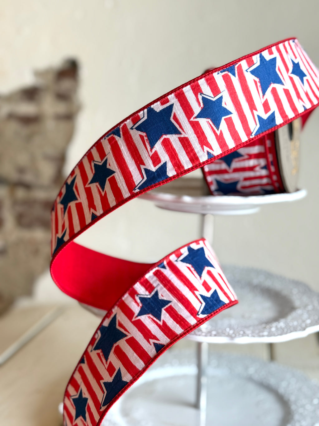 2.5" wide, dupion independence day stars and stripes, red white