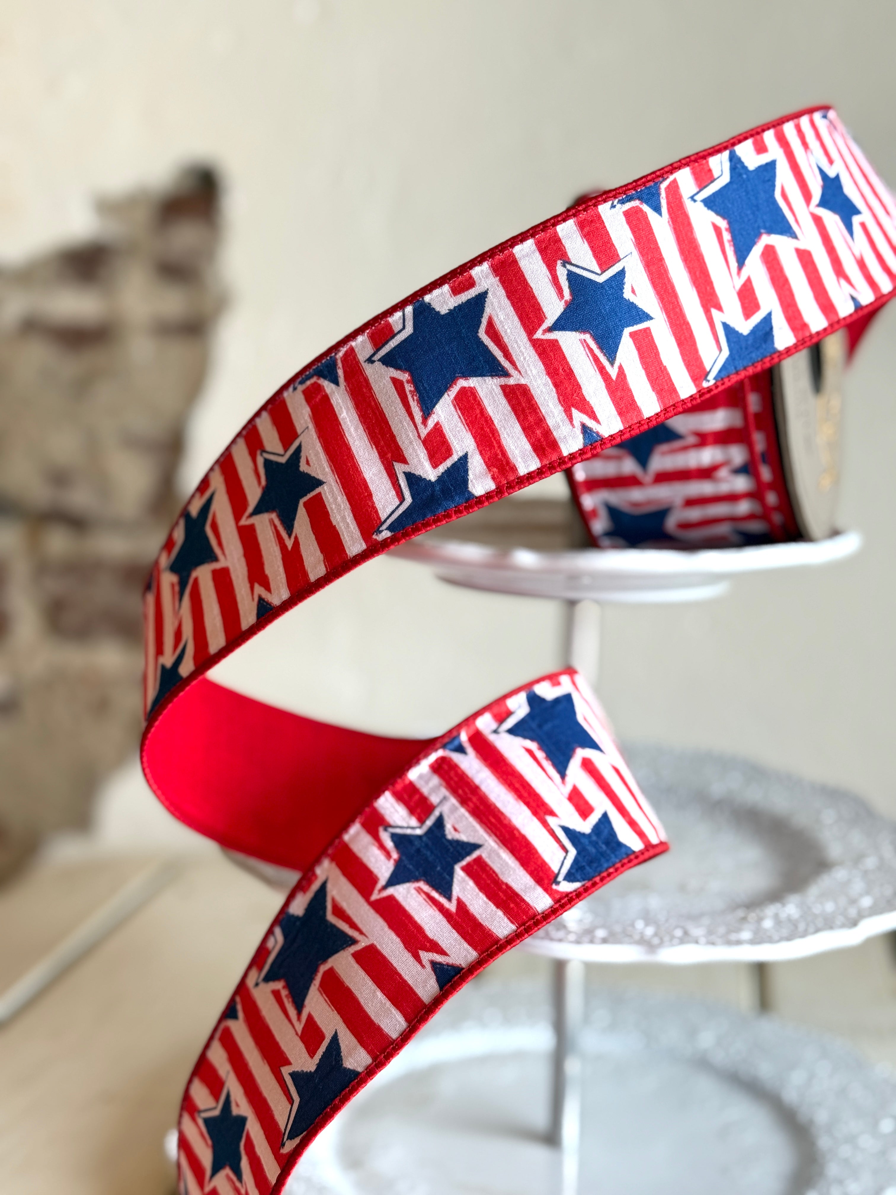 2.5" wide, dupion independence day stars and stripes, red white