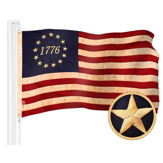 Betsy Ross 1776 Embroidered Tea Stained Flag - 1 x 1.5 ft