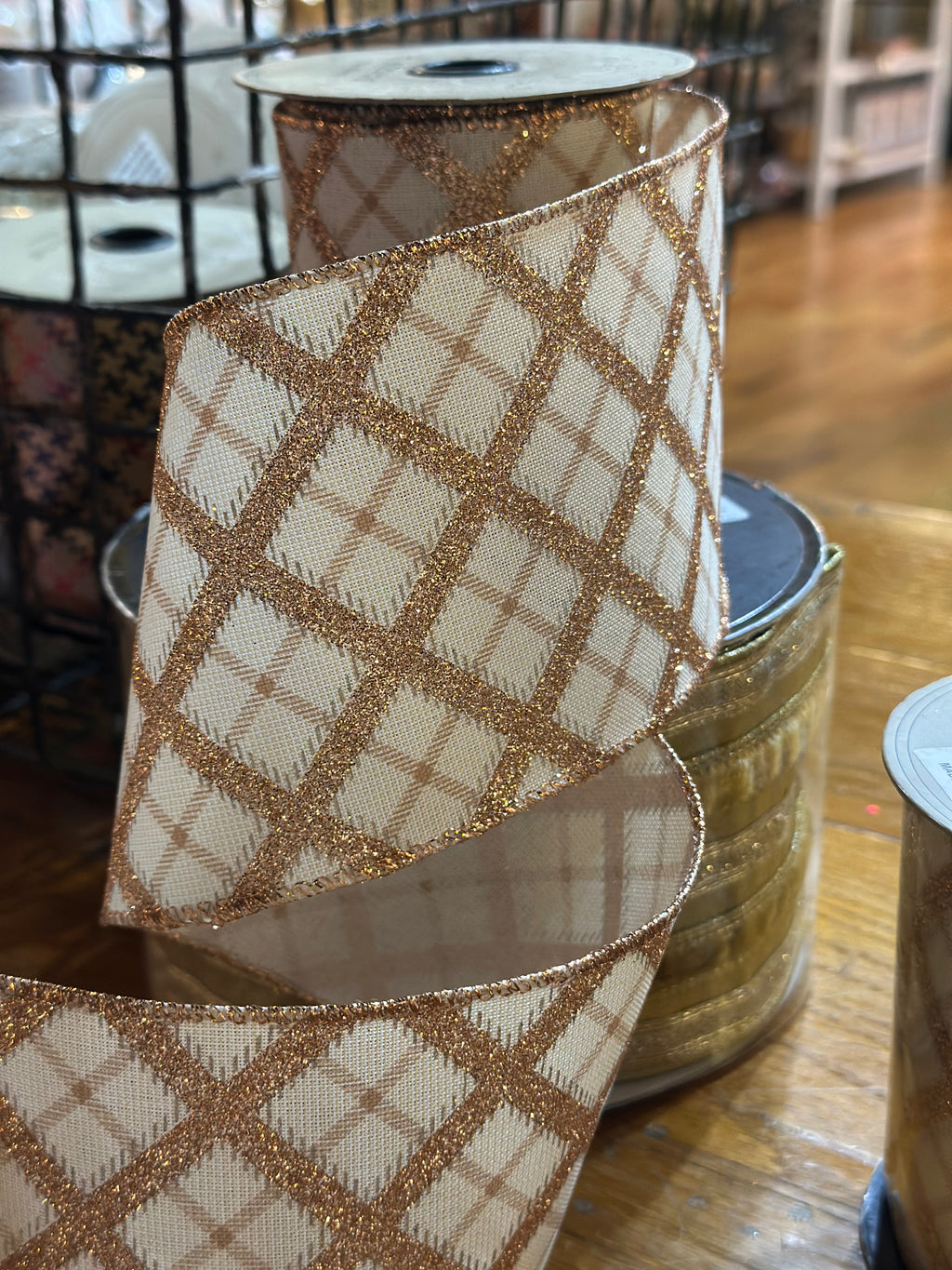 4” cream linen ribbon with copper glitter detail