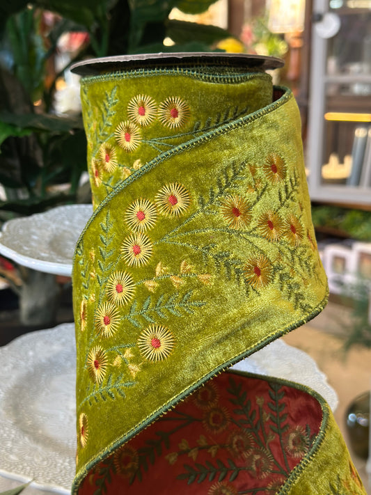 4"x5Y Faux Velvet Embroidery Yellow Aster, Green