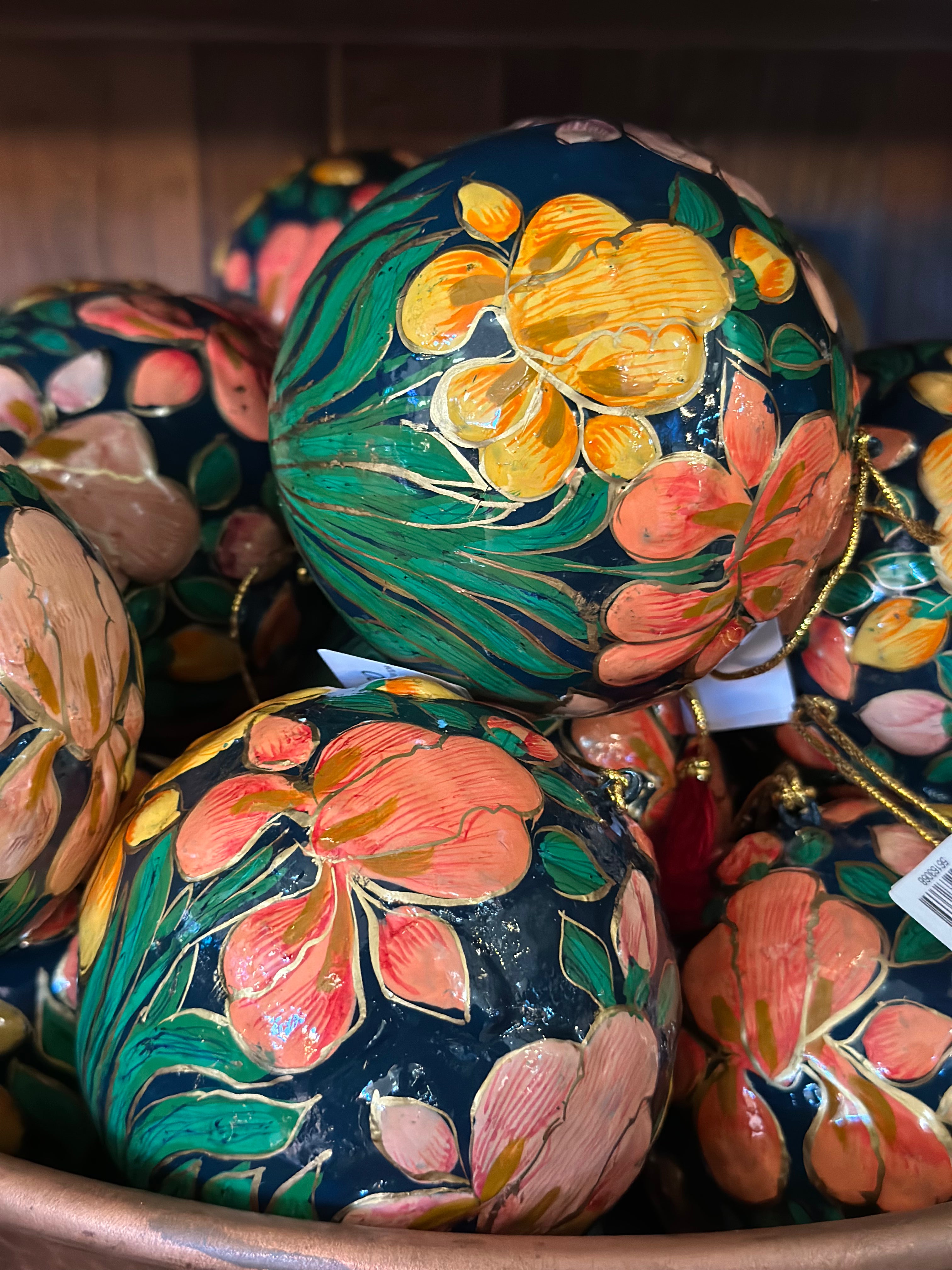 4" Blue Paper Ornament w/ Orange Flowers