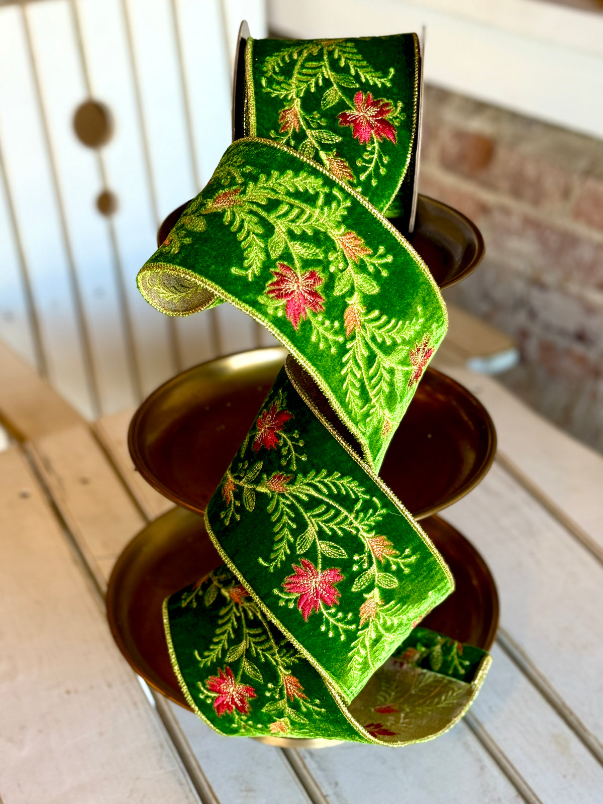 4” Velvet, Red, Orange, Floral Embroidery, Green - SOLD BY THE YARD
