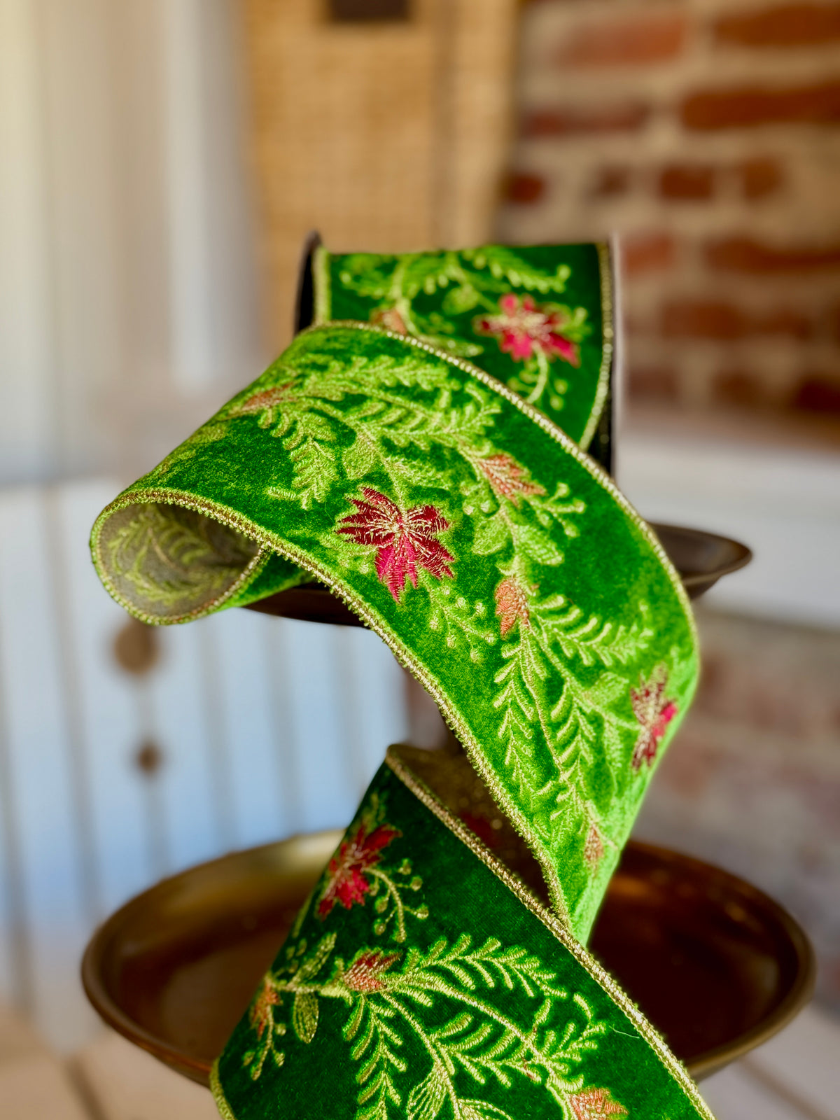 4” Velvet, Red, Orange, Floral Embroidery, Green - SOLD BY THE YARD