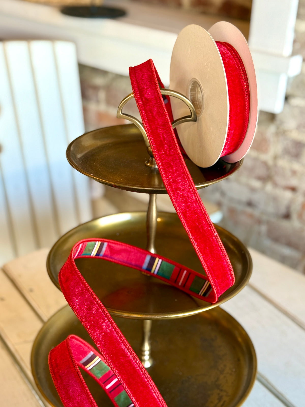 1" RED/GREEN/BLUE VELVET W/PLAID BACKING RIBBON- SOLD BY THE YARD