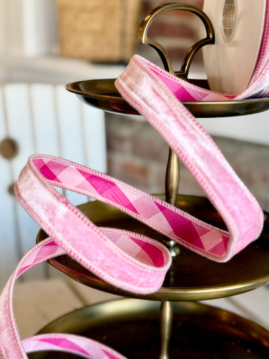 1" BLUSH/PINK VELVET W/PRINCESS PINK PLAID BACK RIBBON- SOLD BY THE YARD