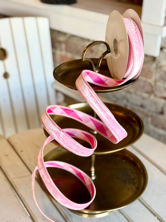 1" BLUSH/PINK VELVET W/PRINCESS PINK PLAID BACK RIBBON- SOLD BY THE YARD