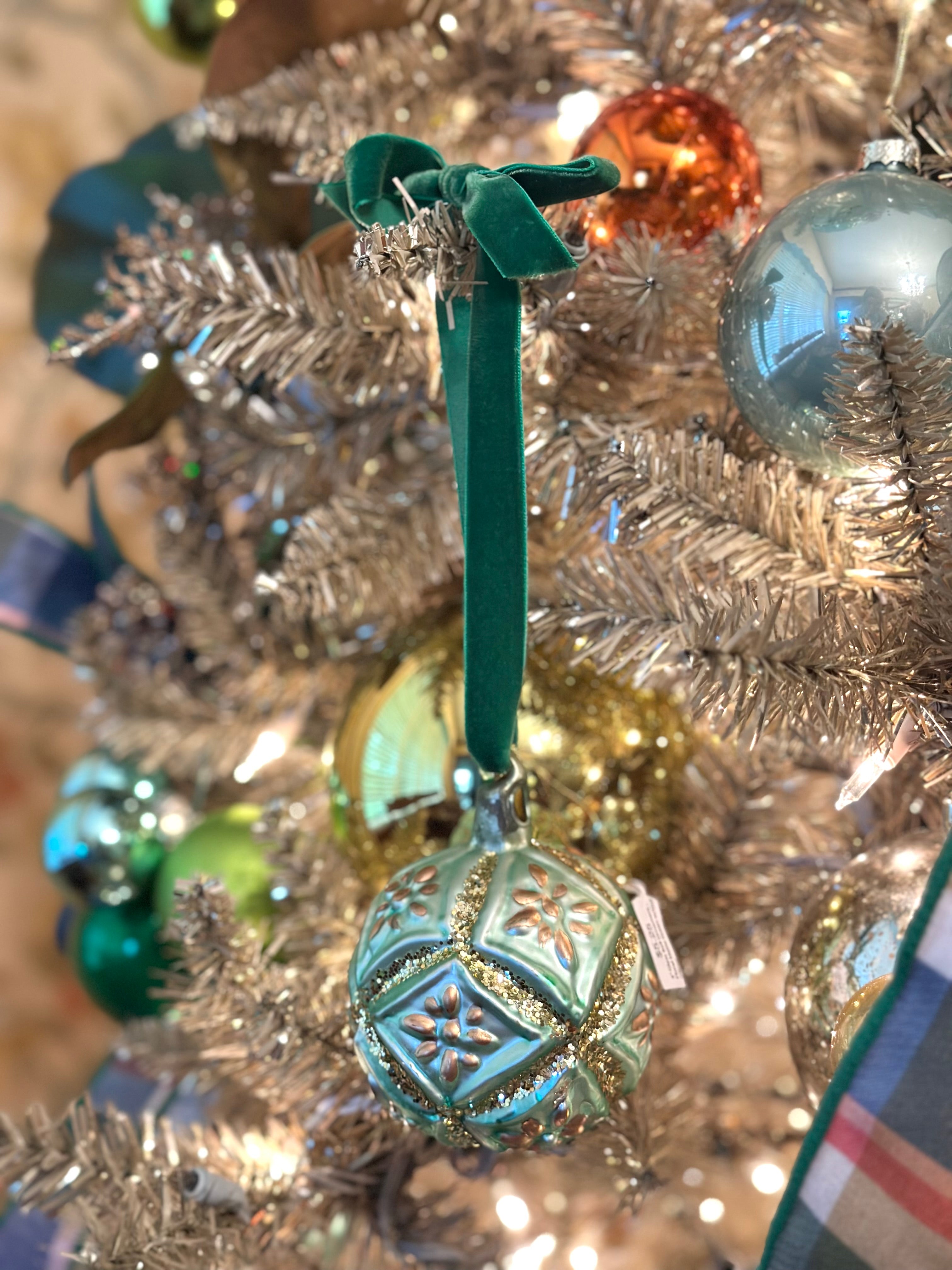 3" Glass Ball Ornament - Floral Matte Green w/Gold Glitter