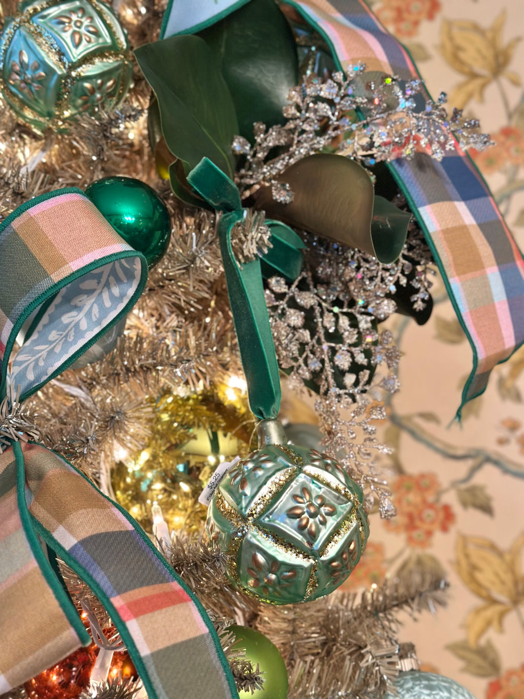 3" Glass Ball Ornament - Floral Matte Green w/Gold Glitter