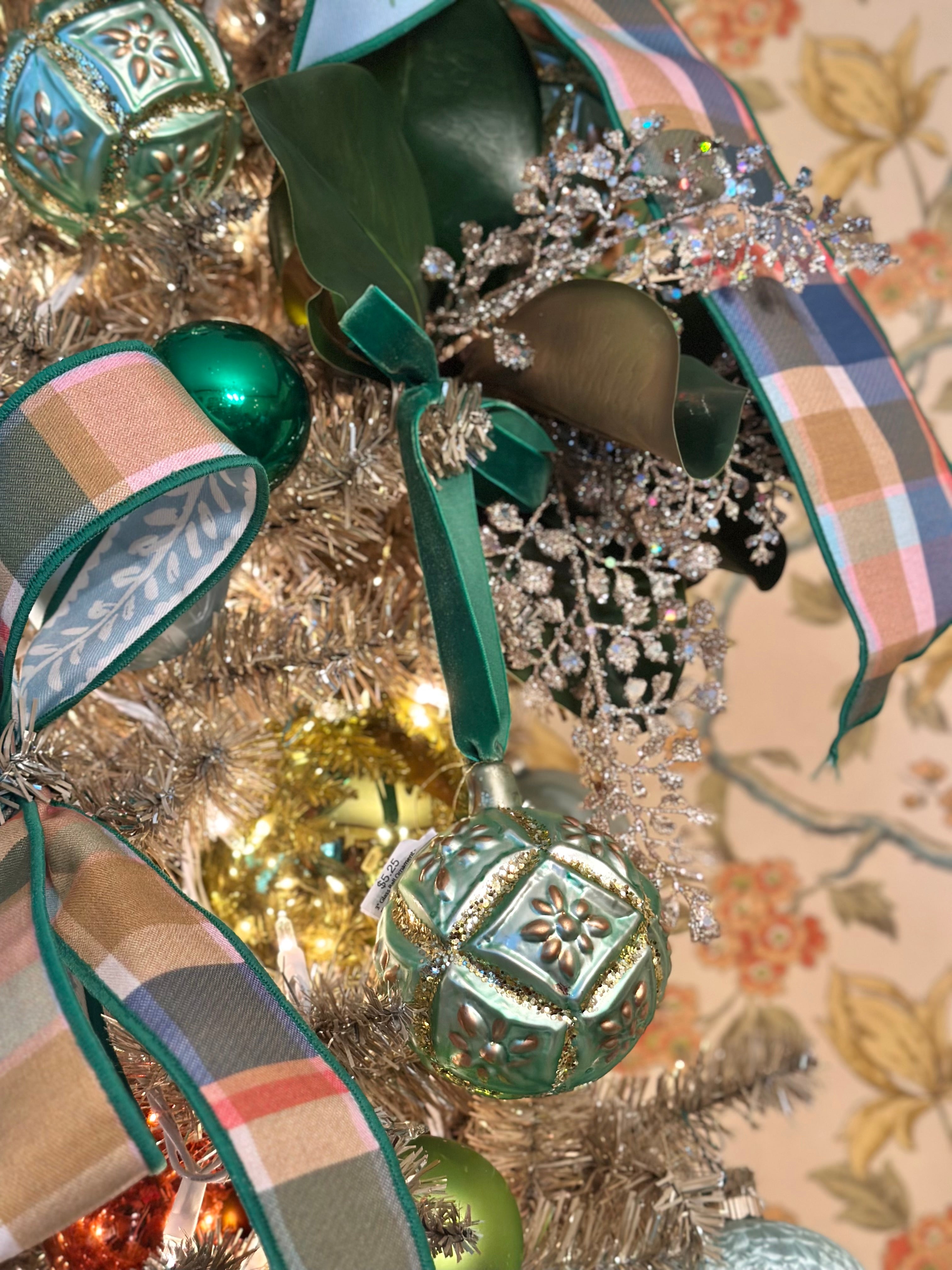 3" Glass Ball Ornament - Floral Matte Green w/Gold Glitter