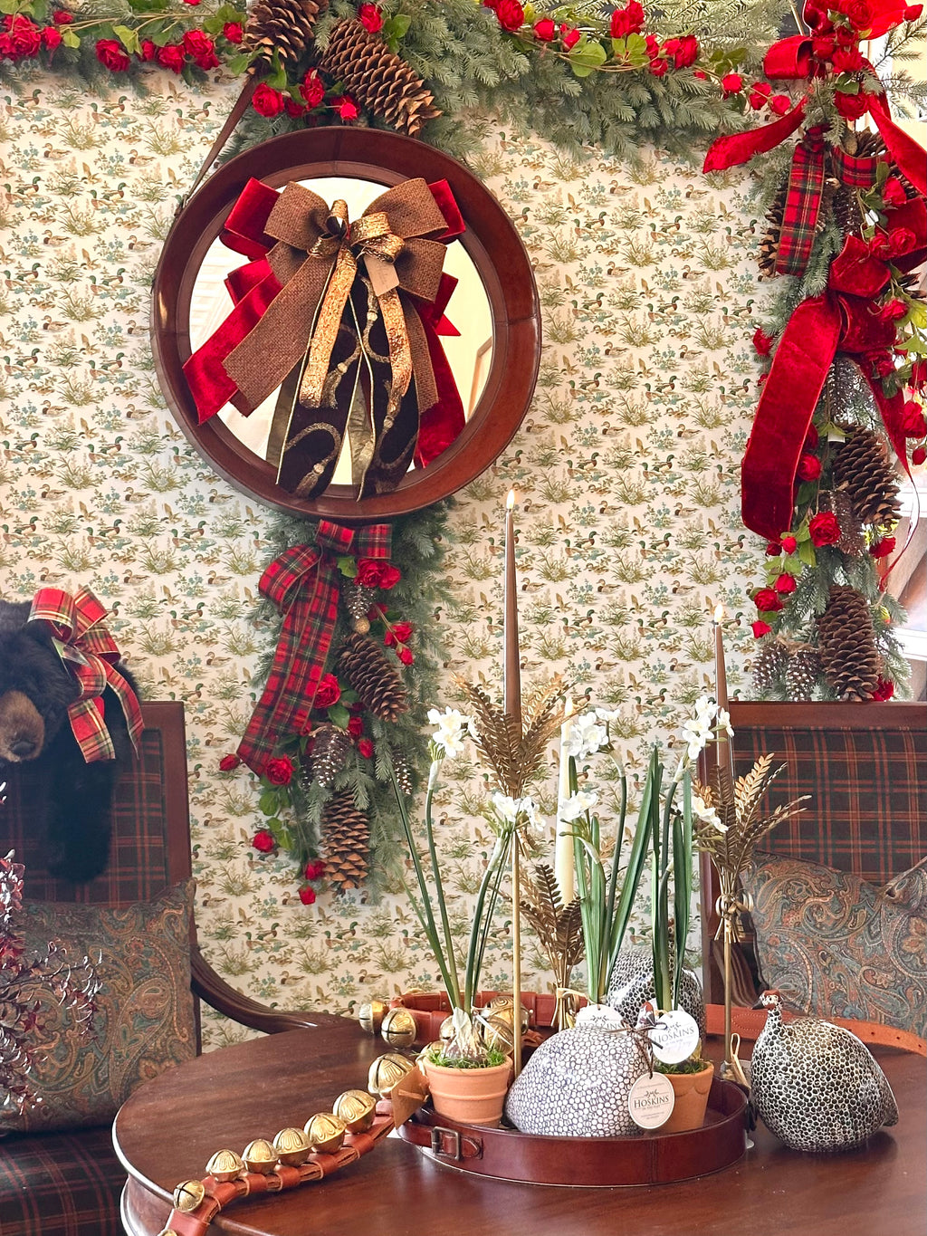 72” Roses Flannel and Pinecones Garland