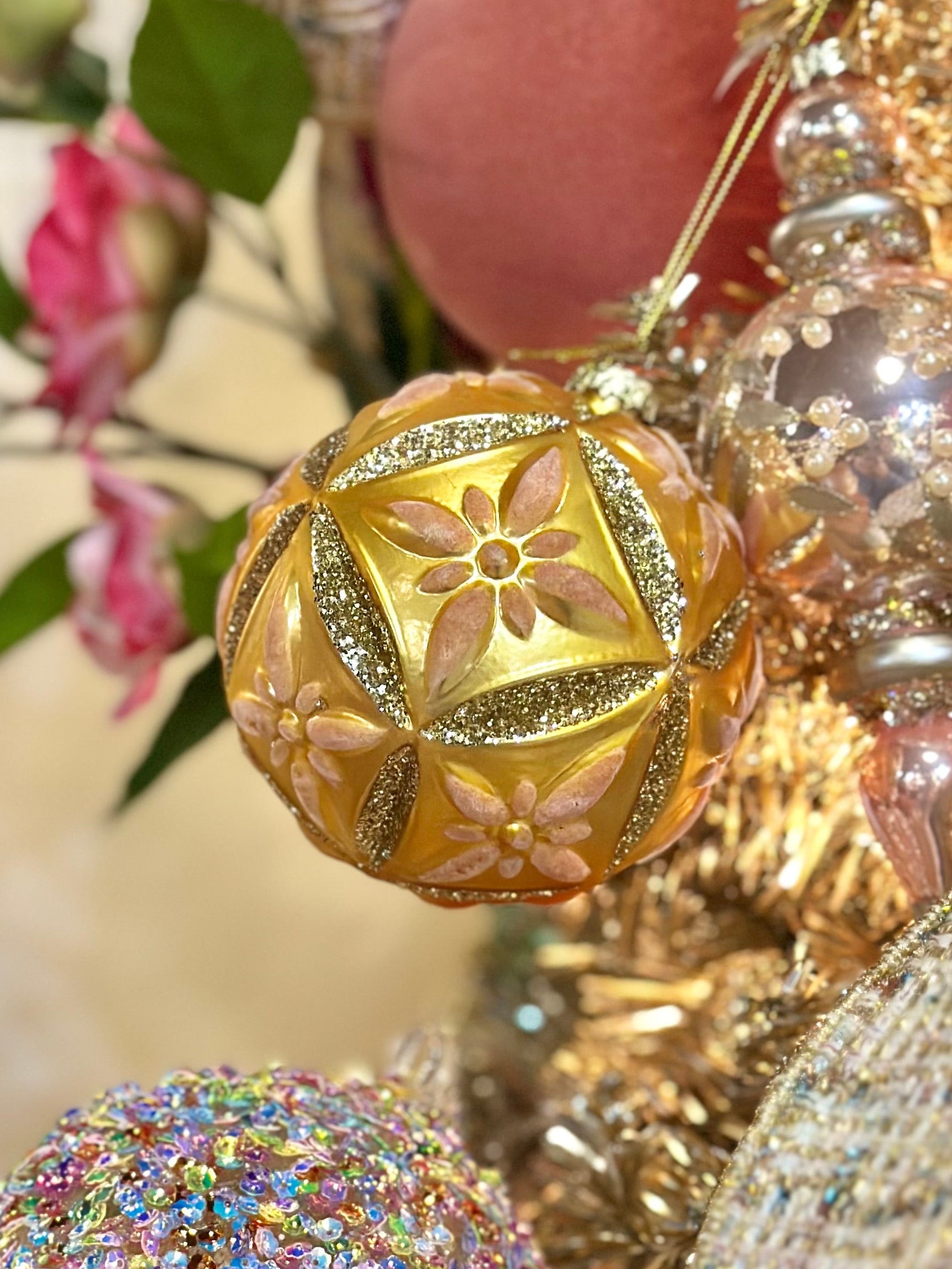 4" Glass Ornament- Pink Velvet Flowers & Gold Glitter