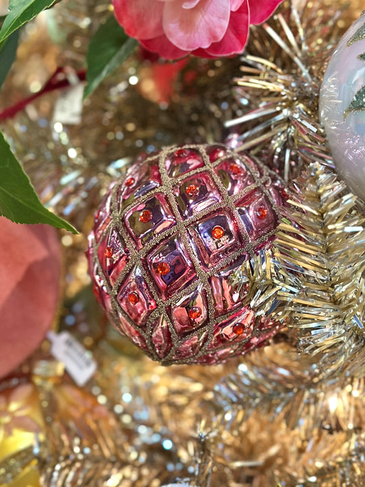 4" Glass Ball Ornament - Light Purple w/Gold Beads & Red Gems
