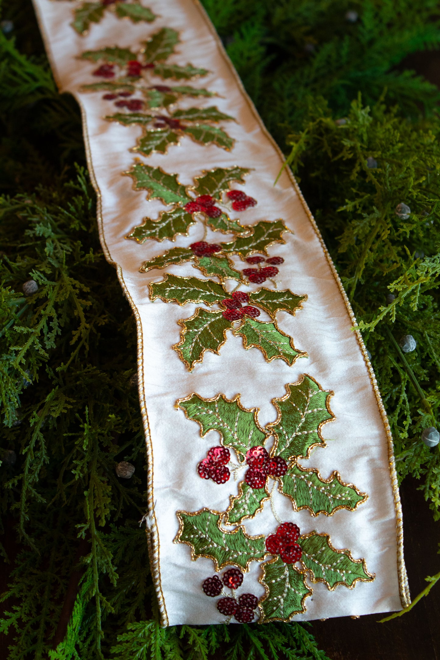 4" Holly Leaves Embroidered Ribbon