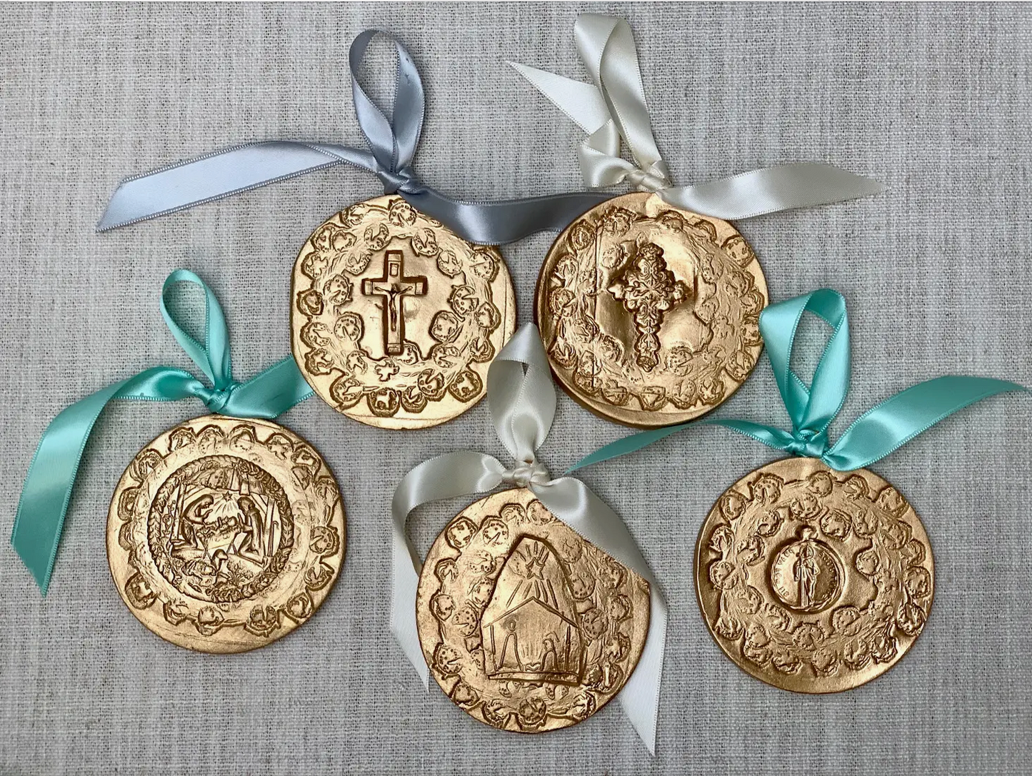 Round Gold Cross Ornament w/ Red Ribbon