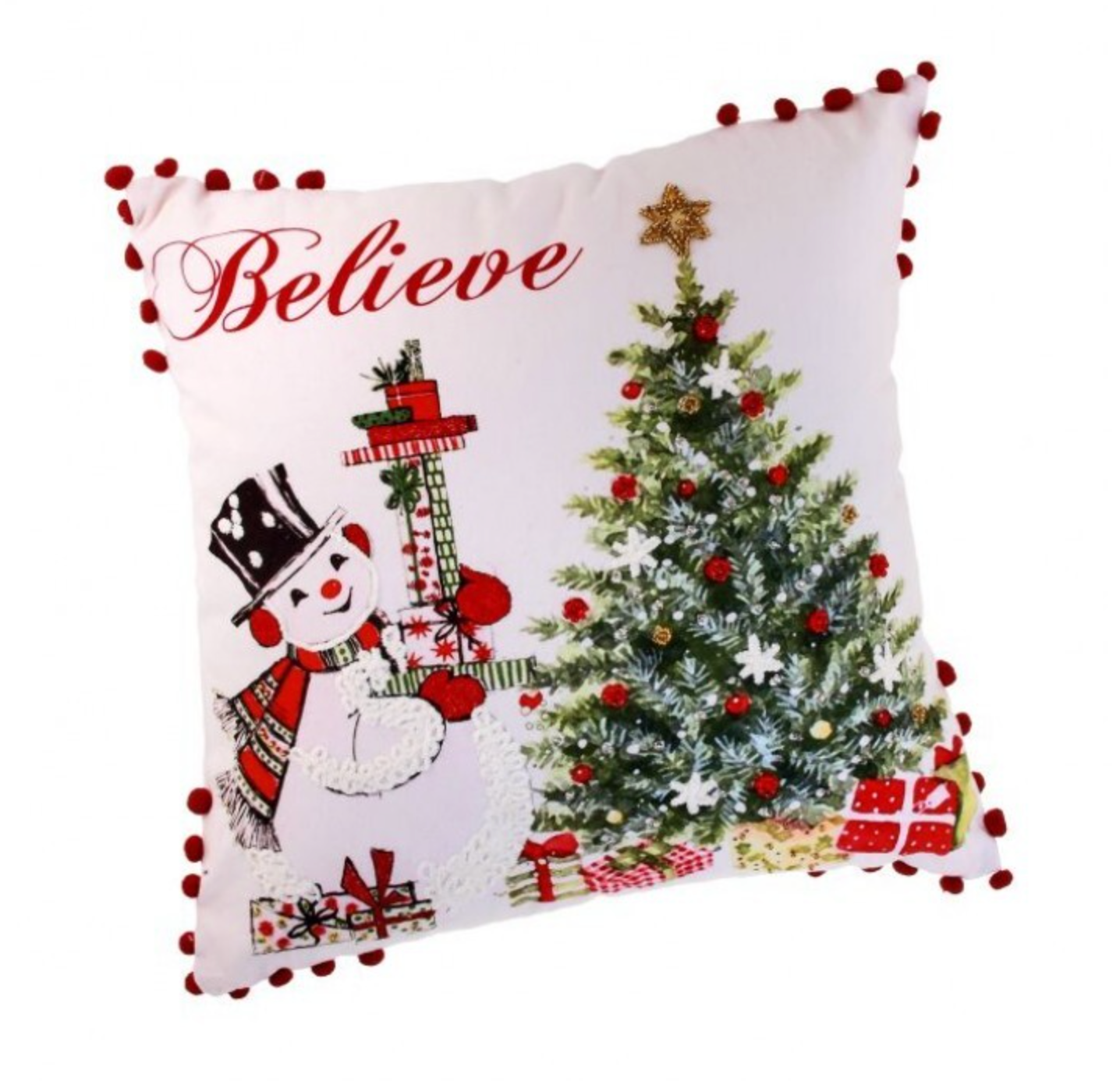 16"x16" Fabric "Believe" Snowman Tree Pillow