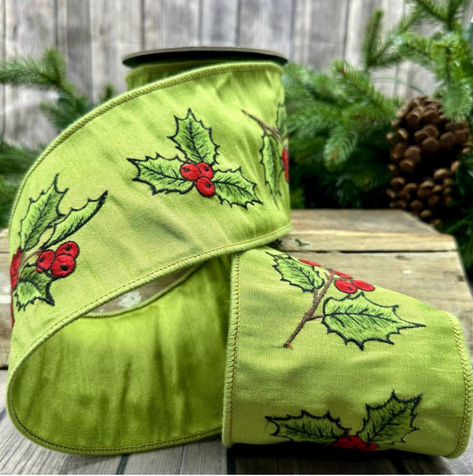 4" x 5yrds Dupion Holly Embroidery Green Back, Bright Green