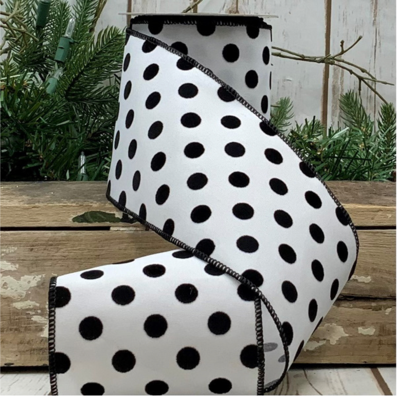 4" Satin Black Flocked Polka Dots- White