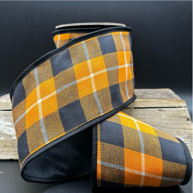 4" Cotton Check Plaid Dupion Back- Orange Black