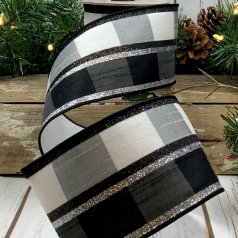 3.5" Faux Dupion Buffalo Check Glitter Stripe- Silver/Black