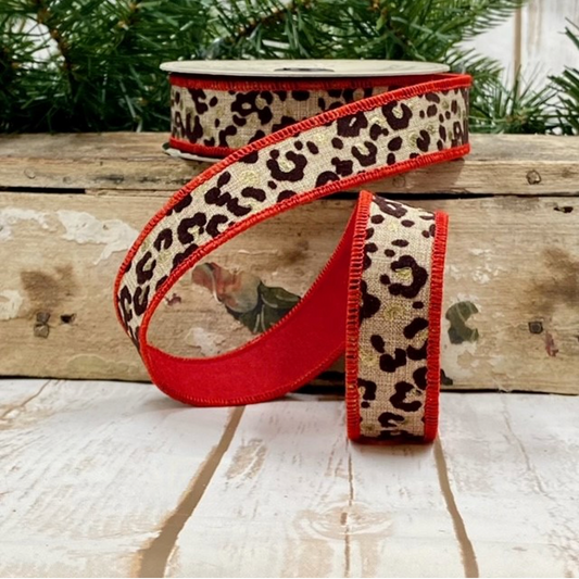 1" Faux Linen Leopard, Red Back, Brown Natural