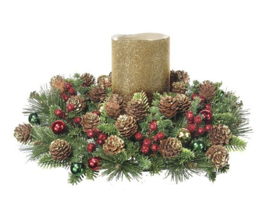 6" Ball Candle ring- Pine, Glitter Berry