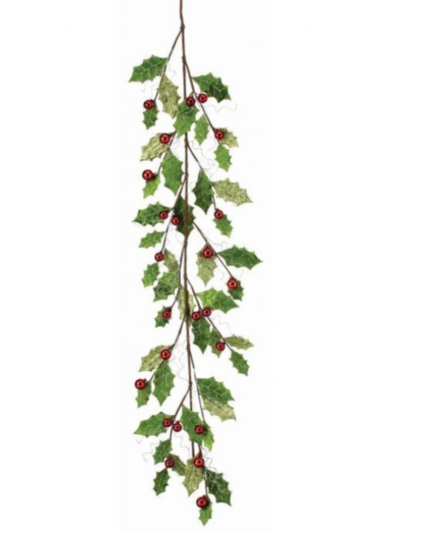 4’ Deluxe Velvet Glitter Leaf Ball Holly Garland