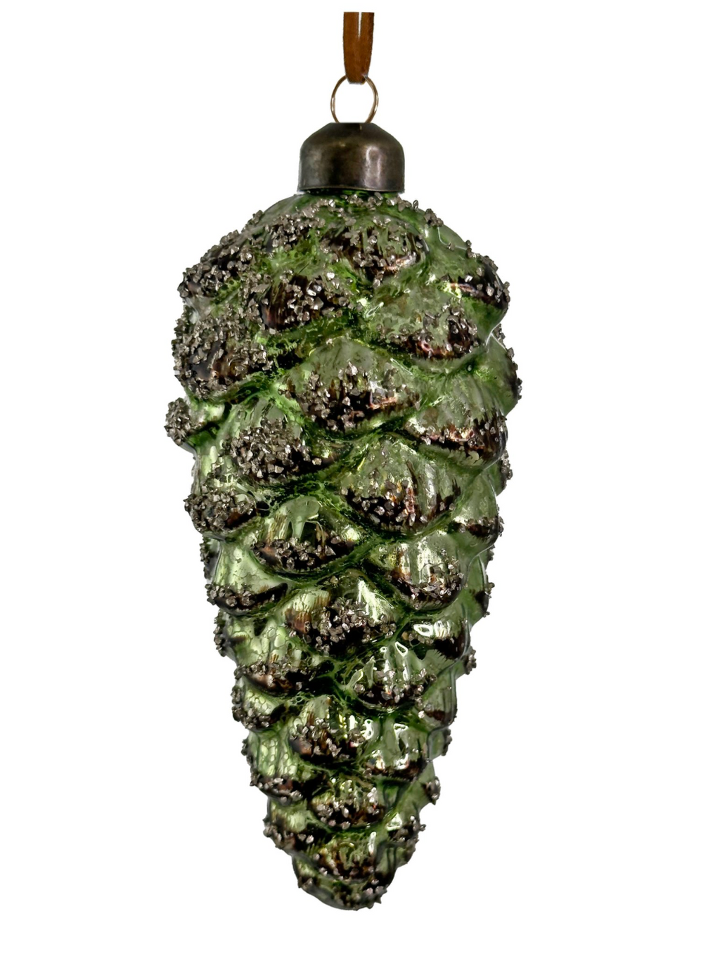8" Glass Cone Ornament - Antique Green Beaded Set of Two