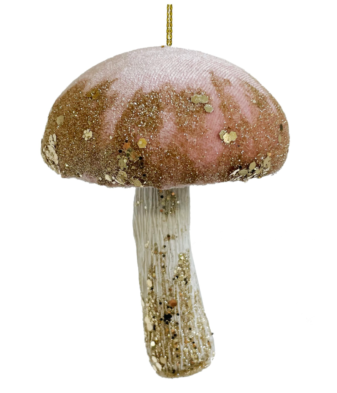 4" Velvet Mushroom Ornament- Pink w/ Gold Glitter