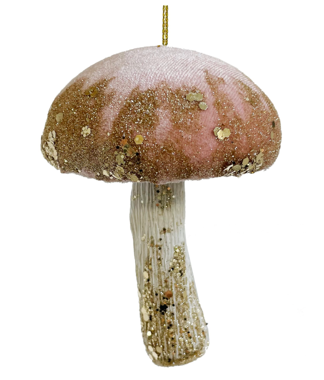 10" Velvet Mushroom Ornament- Pink w/ Gold Glit