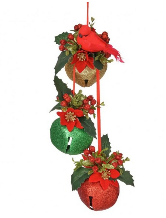 14" Metal Triple Jingle Bell Drop w/ Cardinal