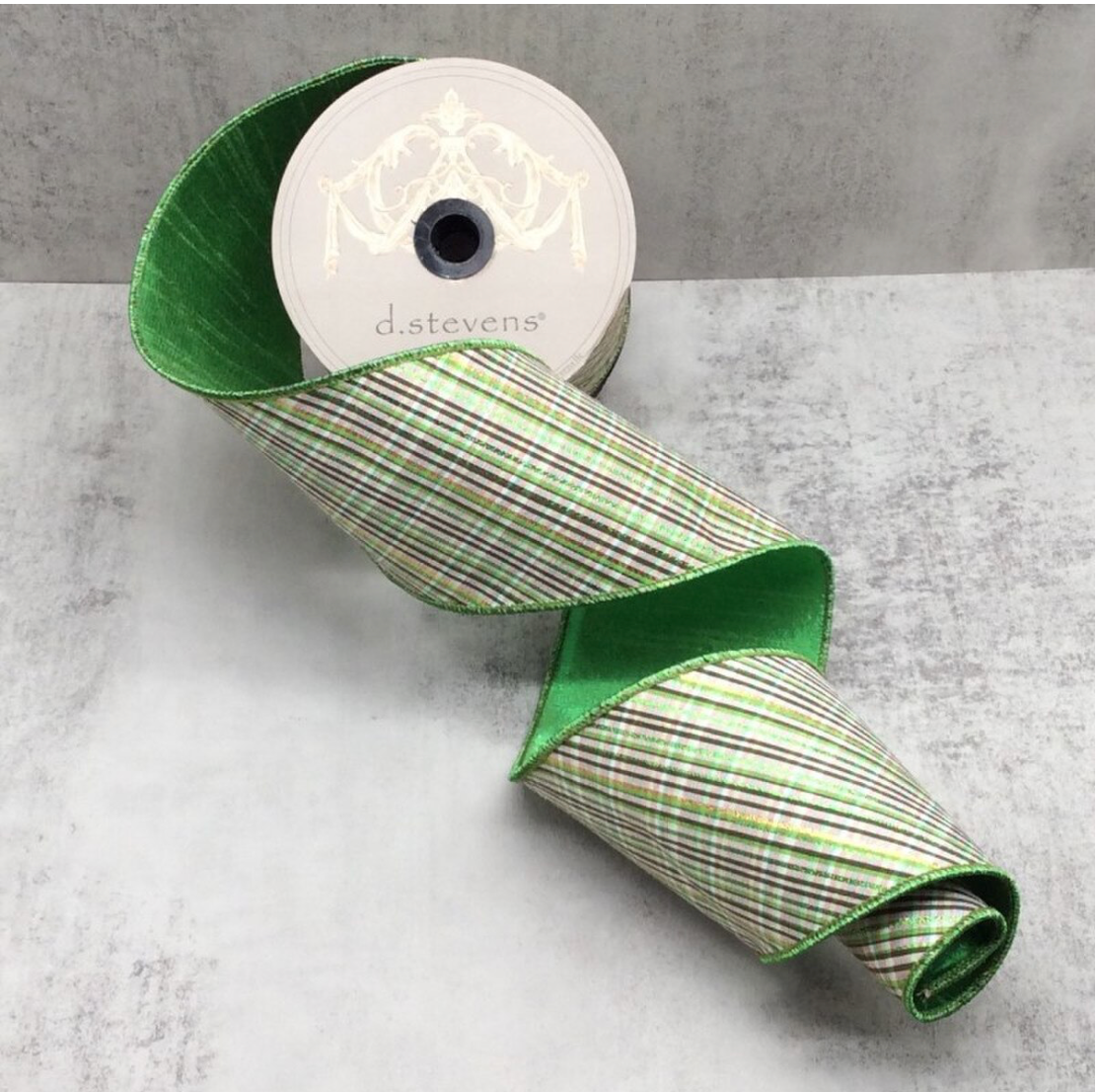 4" Dupion Glitter Diagonal Archer Plaid, Green White Black