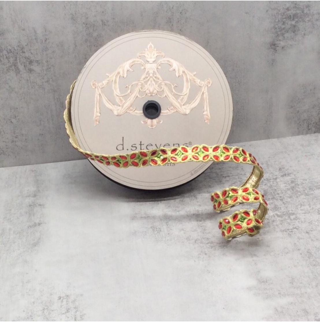 1" Metallic Dupion Red Jewel Trim Line Glitter, Gold