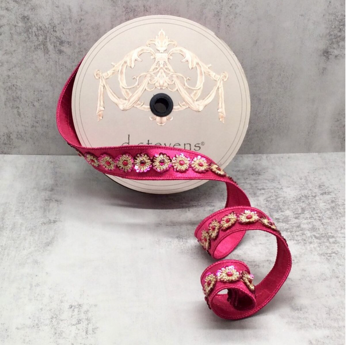 1.5" Metallic Dupion Gold Hot Pink Sequin Trim, Hot Pink
