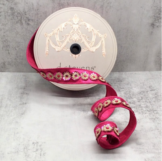 1.5" Metallic Dupion Gold Hot Pink Sequin Trim, Hot Pink