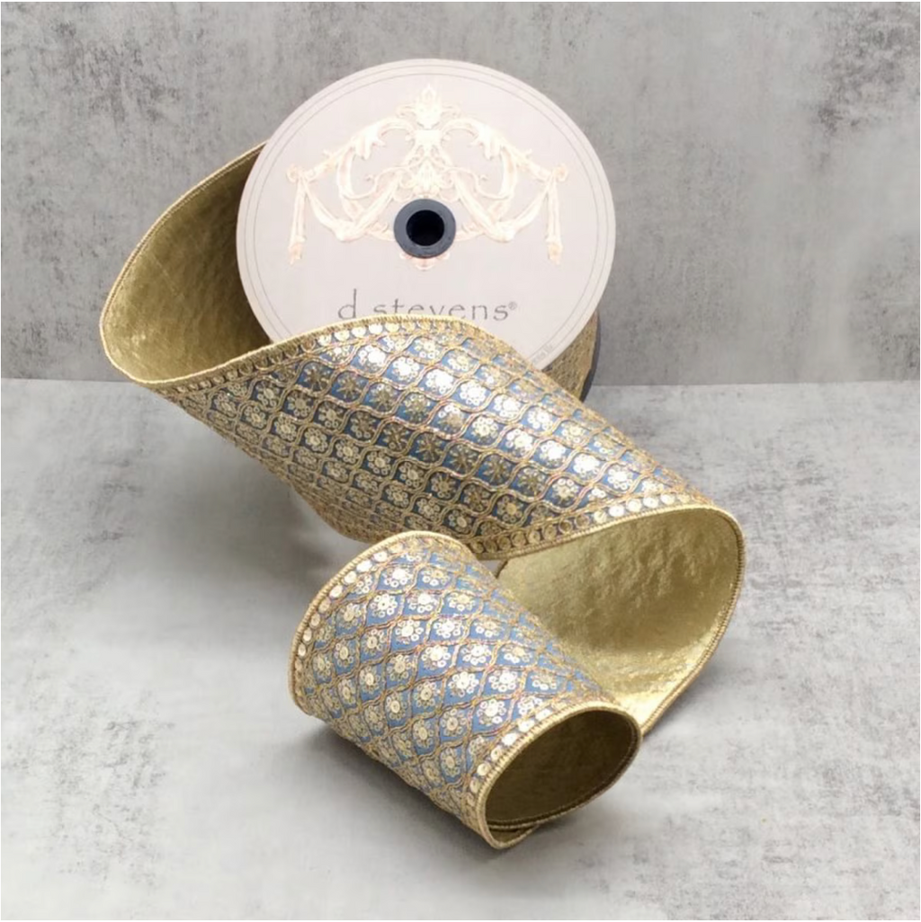 4.5" Dupion Bourges Gold Sequin Bullion Trim, Dusty Blue