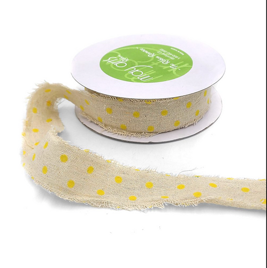 1.5" Velvet Polka Dots on Natural Ribbon w/ Frayed Edge