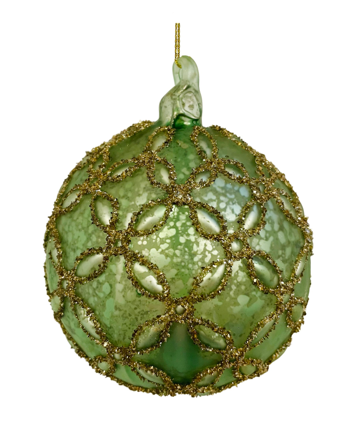 3" Glass Ball Ornament - Light Antique Green Gold Glitter Flowers
