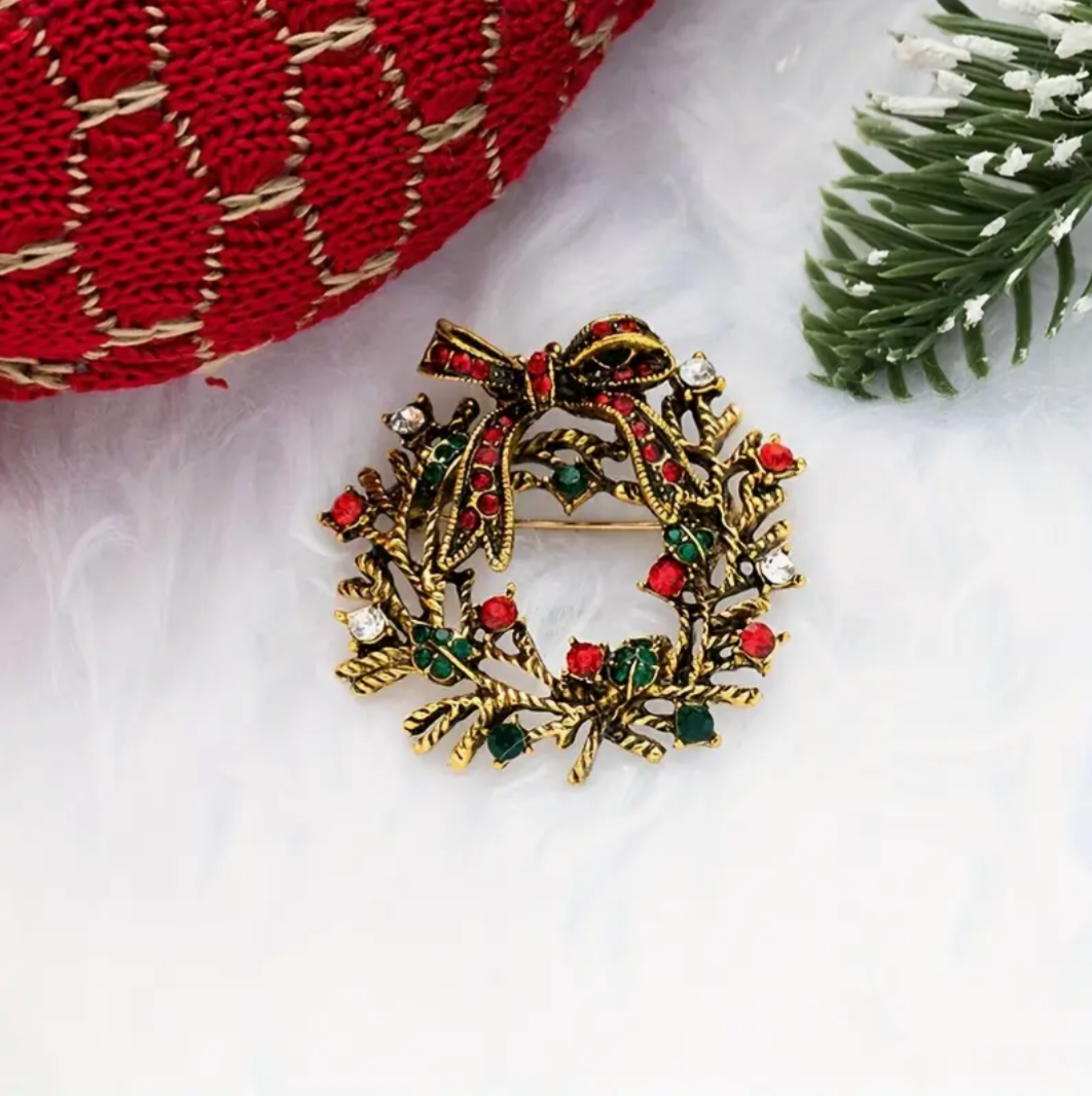 3" Jewel Wreath Ornament Brass Red Bow