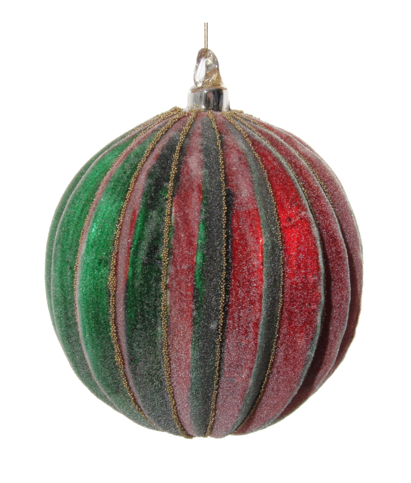 4" Glass Ball Ornament - Red/Green Striped Sugared