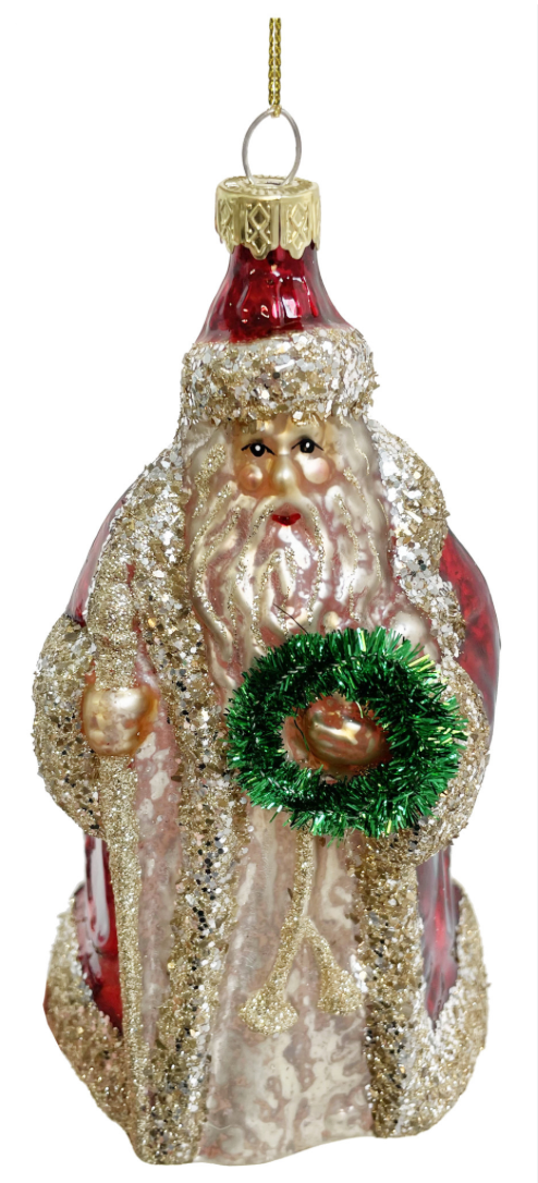 6" Glass Ornament- Santa w/ Wreath