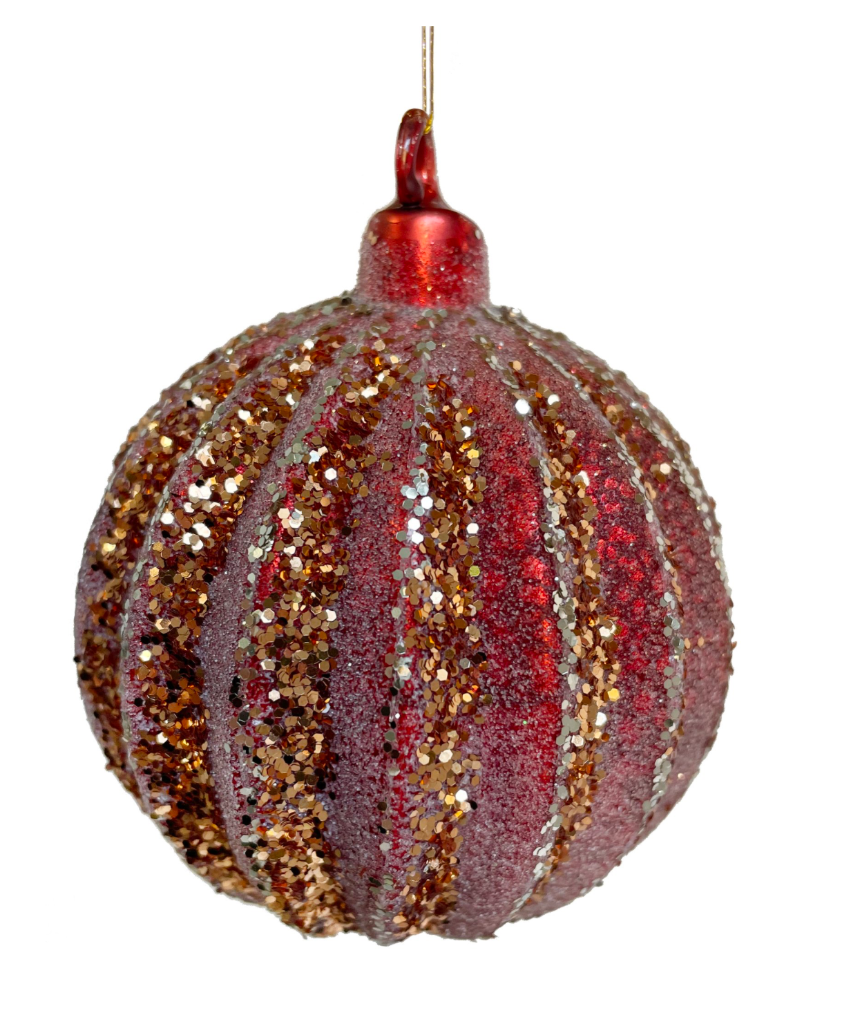 3" Antique Red Matte Ornament w/ Gold & Orange Glitter
