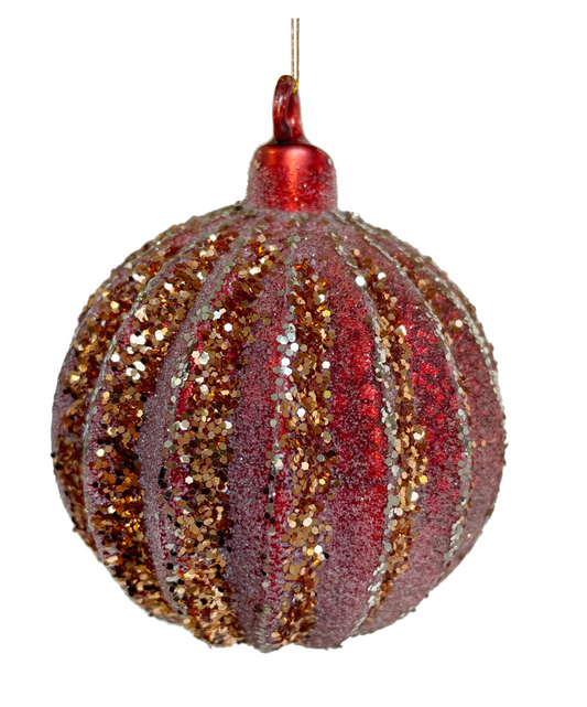 3" Antique Red Matte Ornament w/ Gold & Orange Glitter
