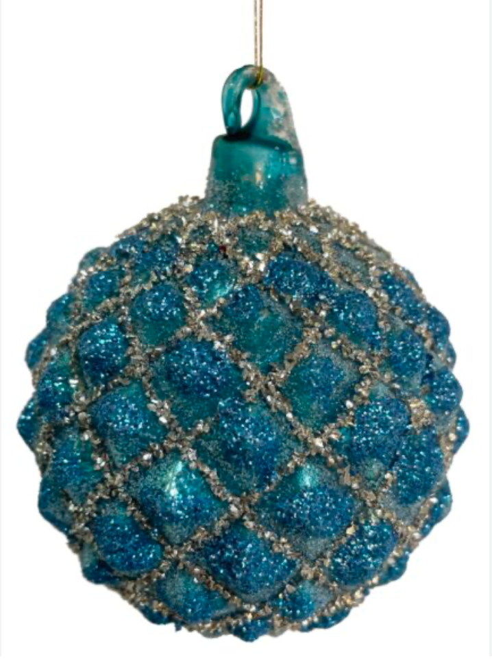 4" Antique Blue Matte Glass Ornament w/ Silver & Blue
